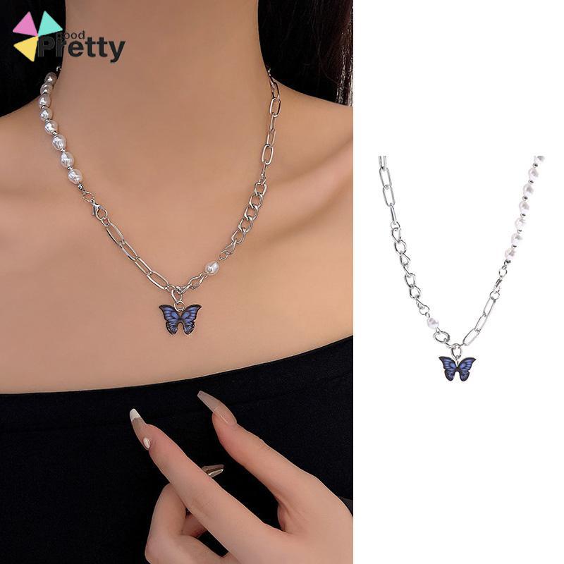 Kalung Rantai Kupu-Kupu Mutiara Desain Choker Fashion Korea Gaya Untuk Wanita - PD