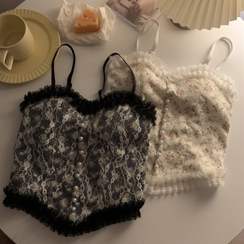 Victoria Korean Lace Pearl Floral Tank Top Atasan Wanita Import All Size 1131