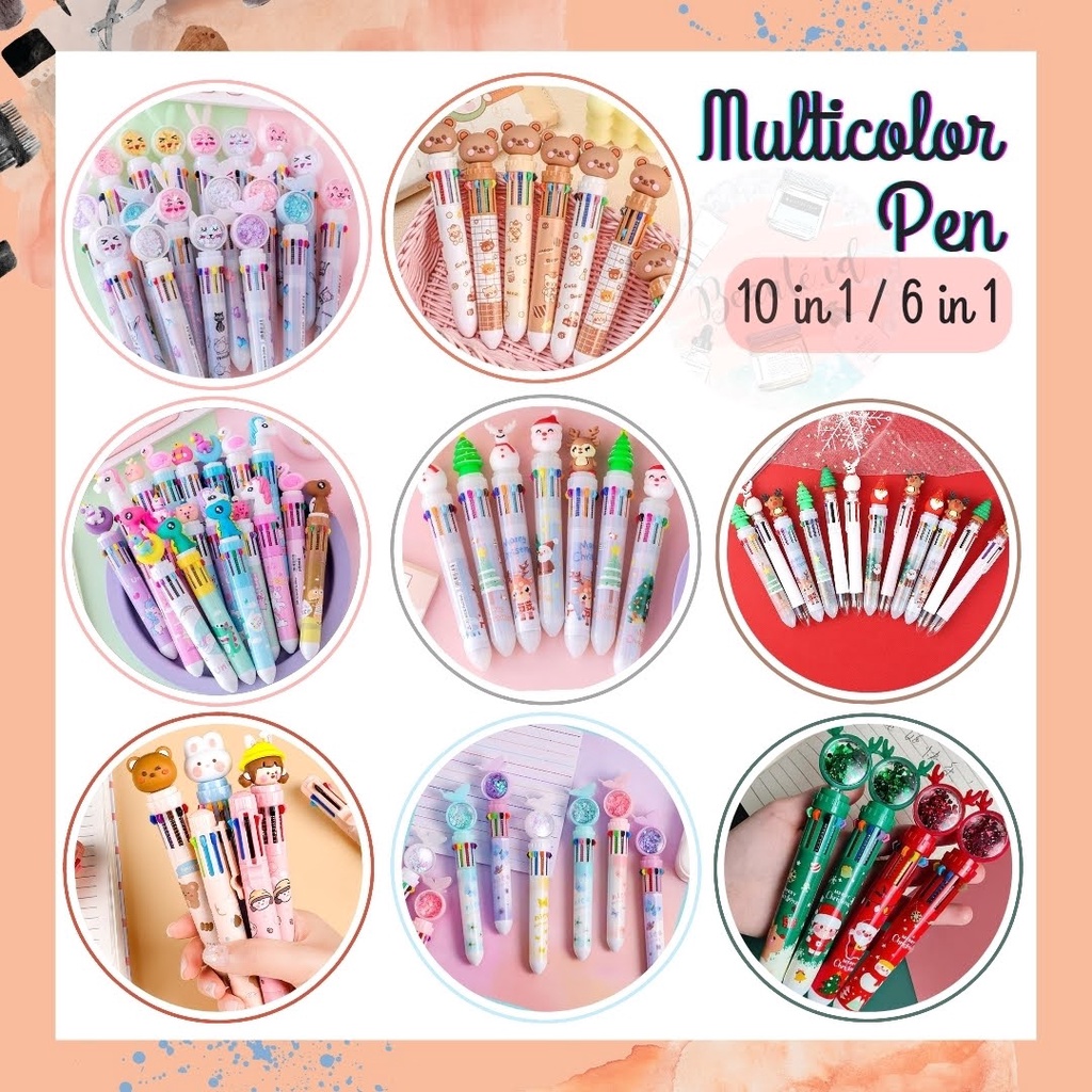 Bulpoin Pena Pulpen Ballpoint Multi Warna Multicolor 10 in 1 / 6 in 1 / 8 in 1 Motif Lucu Dino Unicorn Flamingo Beruang Rusa Natal Chrismast Warna Warni Untuk Anak Siswa Dewasa Alat Tulis Sekolah Kerja Model Tekan Gift Sovenier