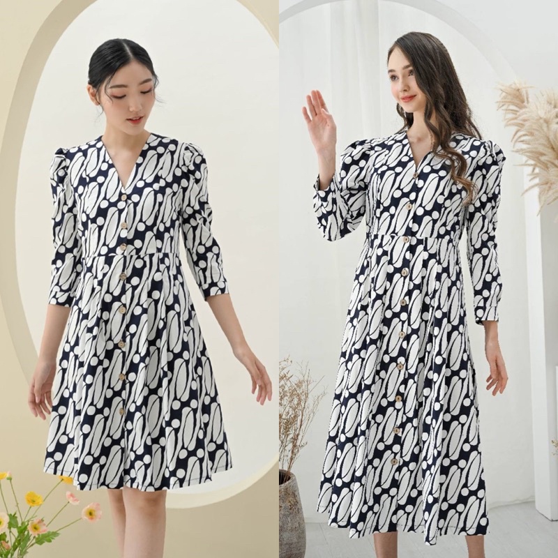 Dress Batik 258 AON Navy/ Dress Batik Panjang/ Gamis Batik