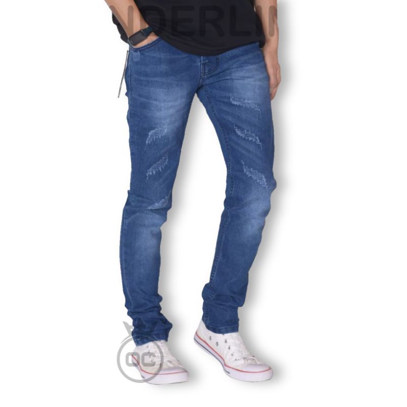 Celana Jeans Pria Cakar Laser Daun Sobek Ripped Tidak Tembus Distro Bandung Original