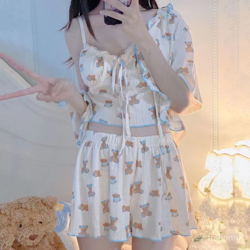 FRS home piyama asli baru musim panas gadis-gadis lucu kartun cinta suspender lucu tiga set
