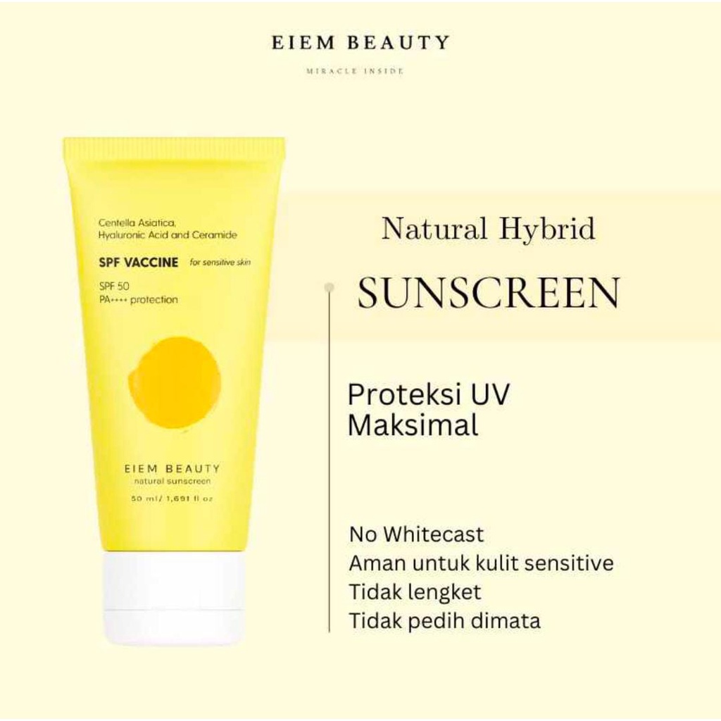 ✨Up Your Look✨ EIEM beauty Natural Hybrid Sunscreen SPF 50 Ceramide centella asiatica hyaluronic acid tabir surya azarine facetology