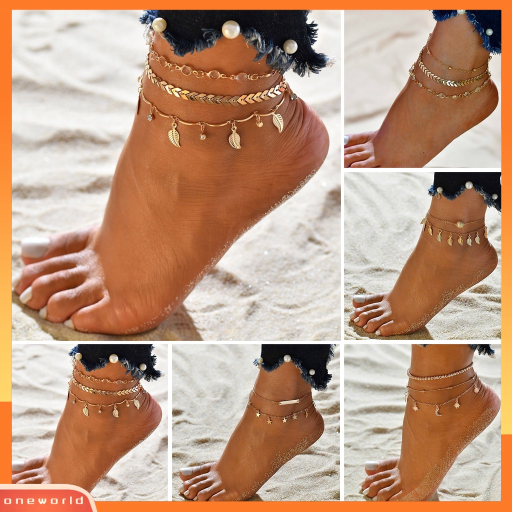 [WONE] Gelang Kaki Wanita Multilayer Perhiasan Daun Electroplating Faux Pearls Foot Bracelet Untuk Pantai