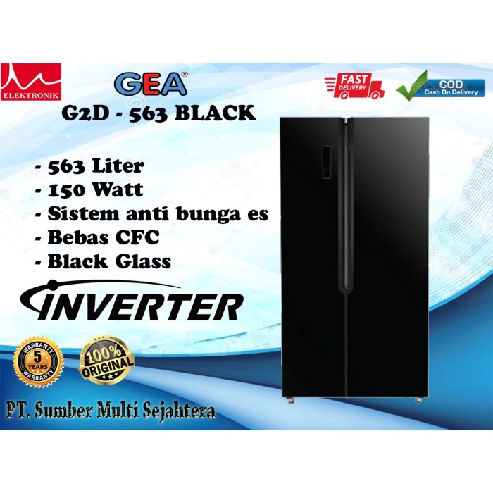 KULKAS GEA 2 PINTU JUMBO SIDE BY SIDE INVERTER G2D 563 BLACK GLASS