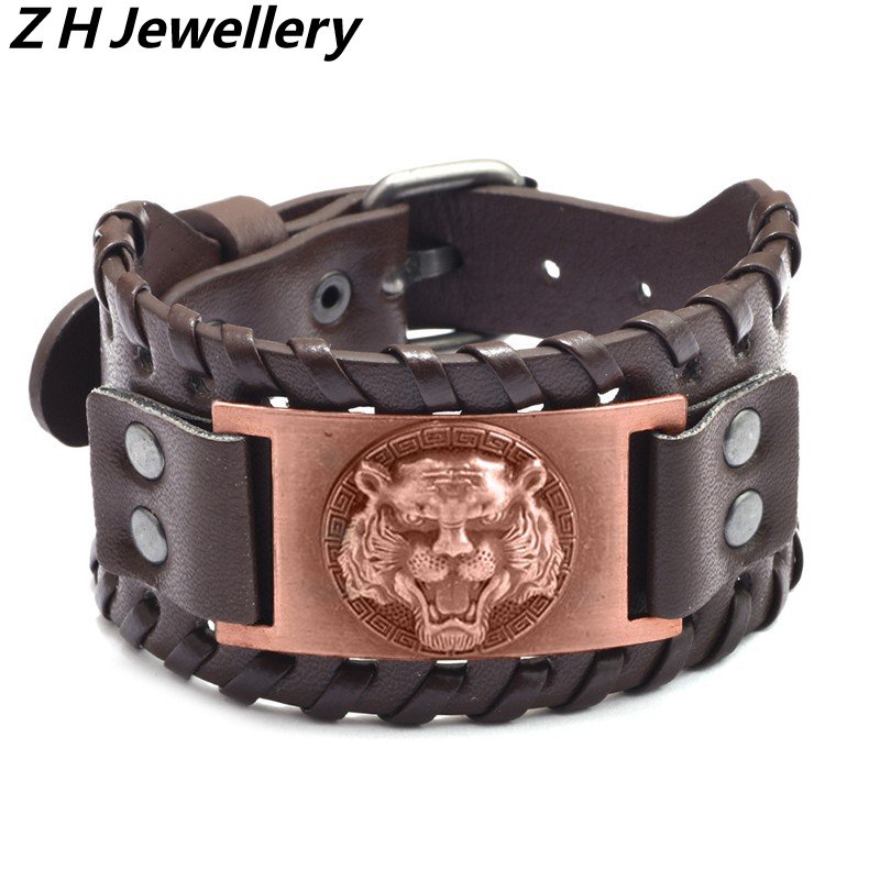 [Z H Jewelry] Viking Fashion Pria Macan Kulit Anyaman Gelang Stainless Steel/Aksesoris Perhiasan Pesta 18.5CM~21.5CM