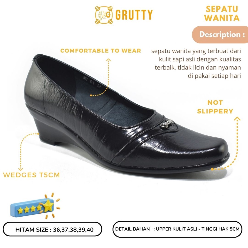 Sepatu Wanita Wedges Kulit Hitam Grutty BT01