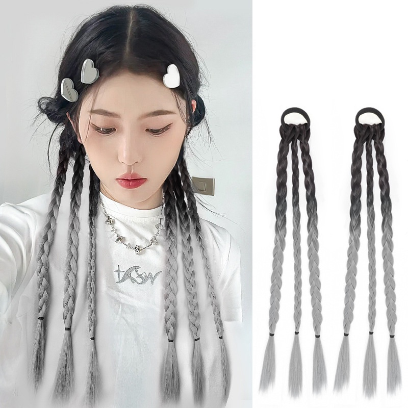 [COD Tangding]ins Gradasi Warna Tinju Kepang Wig Gadis Keren Y2K Tali Rambut Ponytail Twist Wig Aksesoris Rambut