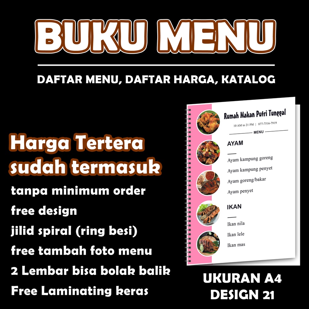 

buku menu design 021 (isi 2 lembar bolak balik uk A4) daftar menu buku katalog buku menu ( kertas BC LAMINASI tebal ) full colour full warna free design tambah foto harga menu dll makanan minuman daftar harga list harga listt menu kuat
