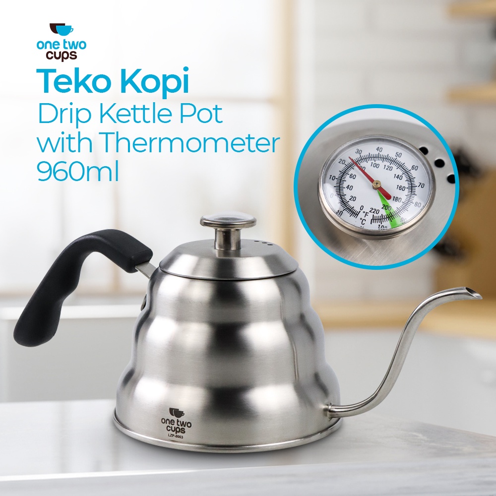 SELUNA Coffee Maker Pot V60 Drip Kettle Teko Barista Kopi 1 Liter with Thermometer - LZP-8003 - Silv