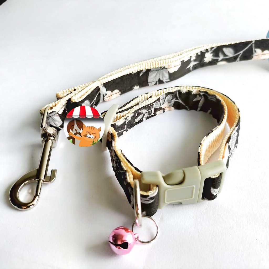 Tali Tuntun + Kalung Lonceng Motif Bunga Hewan Kucing Anjing - Harness