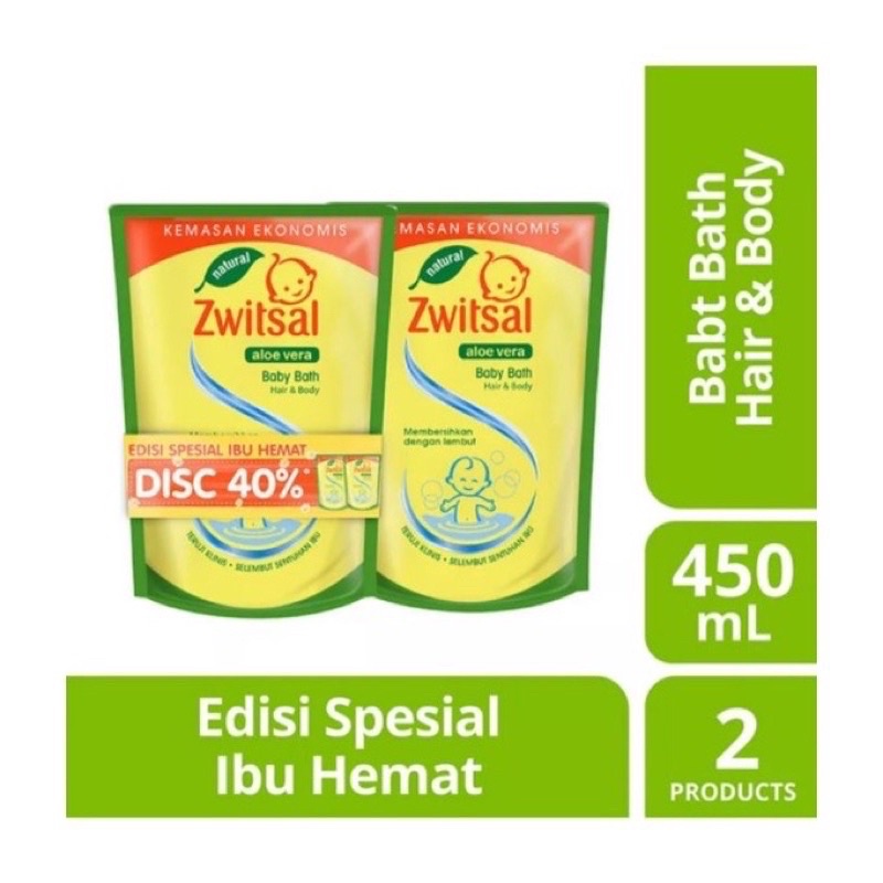 ZWITSAL BABY BATH 2 IN 1 HAIR &amp; BODY POUCH SABUN BAYI ZWITSAL ALOE VERA KEMASAN ISI ULANG TWIN PACK 450ML ( 2pcs )