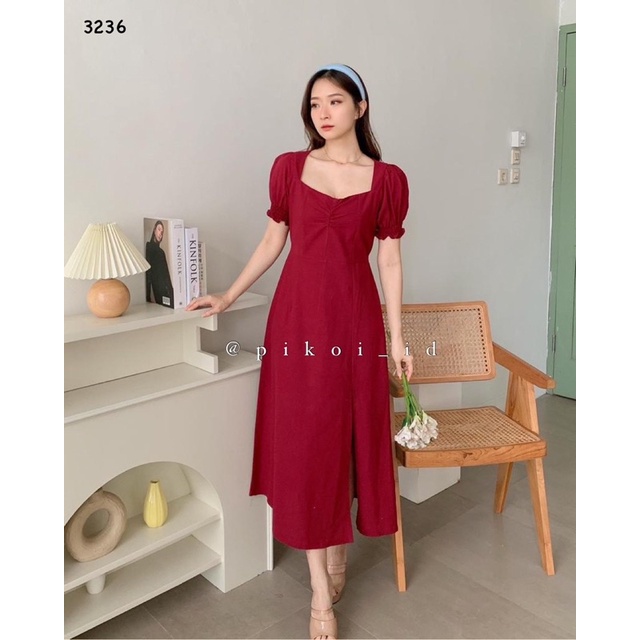 Dress wanita merah natal / dress imlek korea cewe merah v neck katun linen korean minimalis 3236