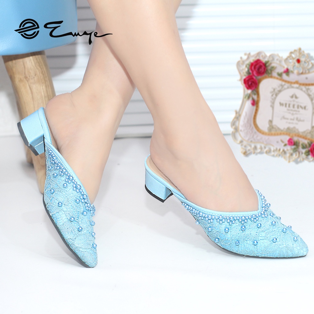 Sepatu Pesta Pengantin Mules Wanita Brukat Payet Hak Tahu 3cm - Emye