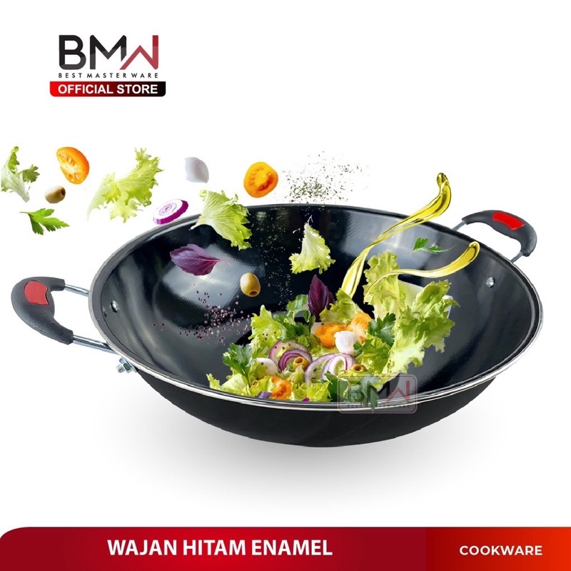 Kuali Enamel Hitam List Merah 30/32/34CM - Kuali Wajan Tebel Gagang Kuping - Wajan Penggorengan Hiqh Quality Anti Lengket - Wok Pan Jumbo Tebel