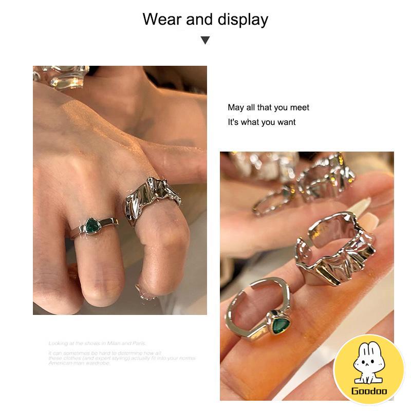 2pcs Cincin Korea Gaya Punk Cross Opening Irregular Texture Untuk Pria Wanita Aesthetic keren Silver Ring Jewelry -Doo