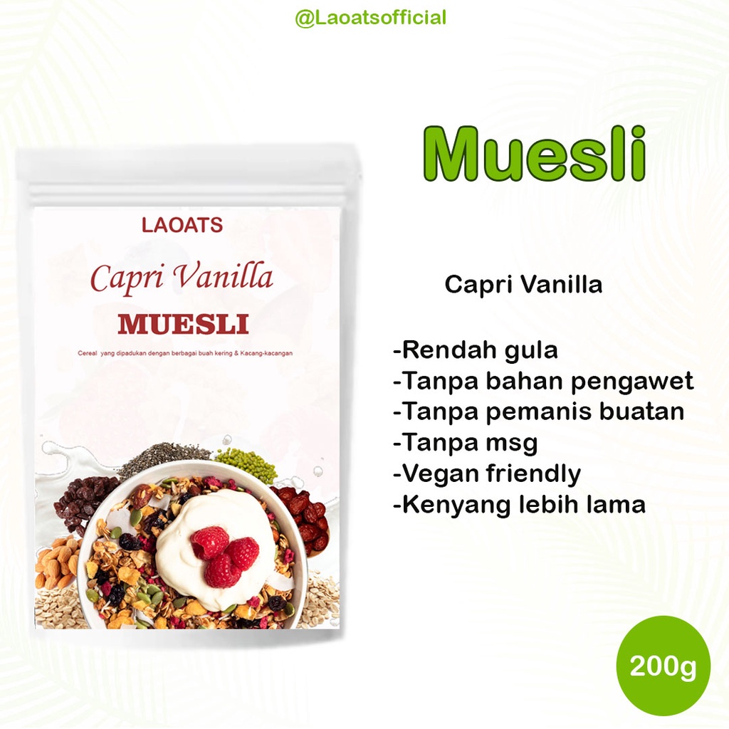 

Muesli Dried Fruit Chia Seed Oatmeal Kismis Makanan Diet Sehat Sereal Diet Rolled Oats Oat Milk Laoats Capri Vanilla (200g)