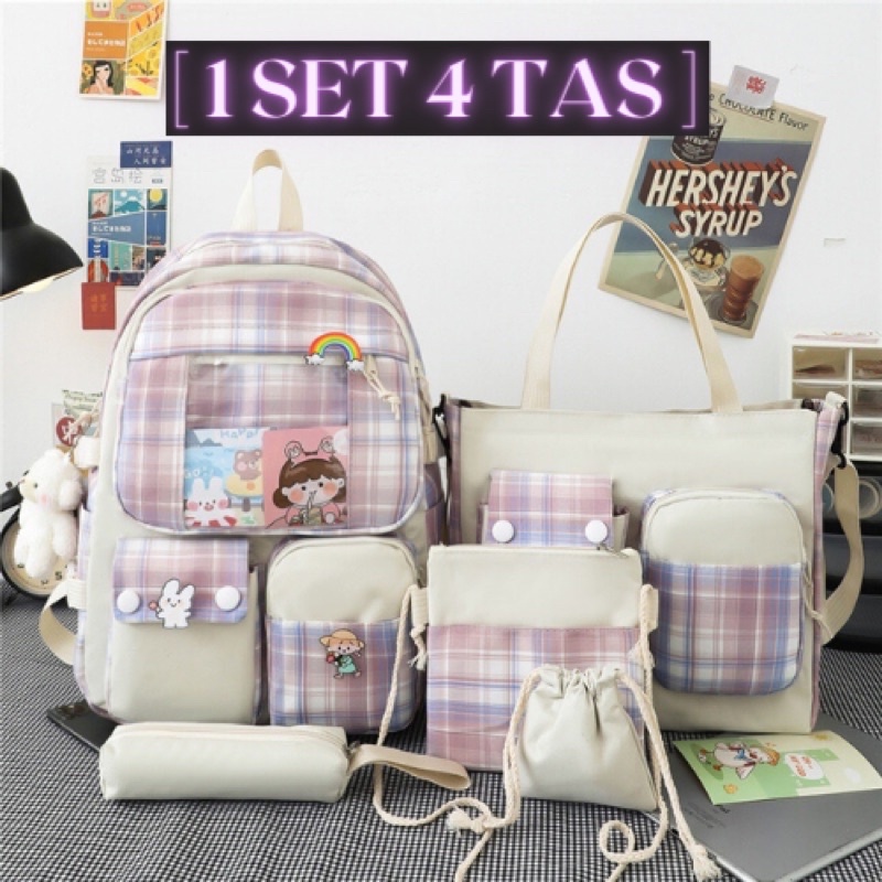 [1 SET ISI 4] Tas Ransel Sekolah Anak Perempuan / Tas Backpack Korea / Tas Lucu / Beli 1 Dapat 4