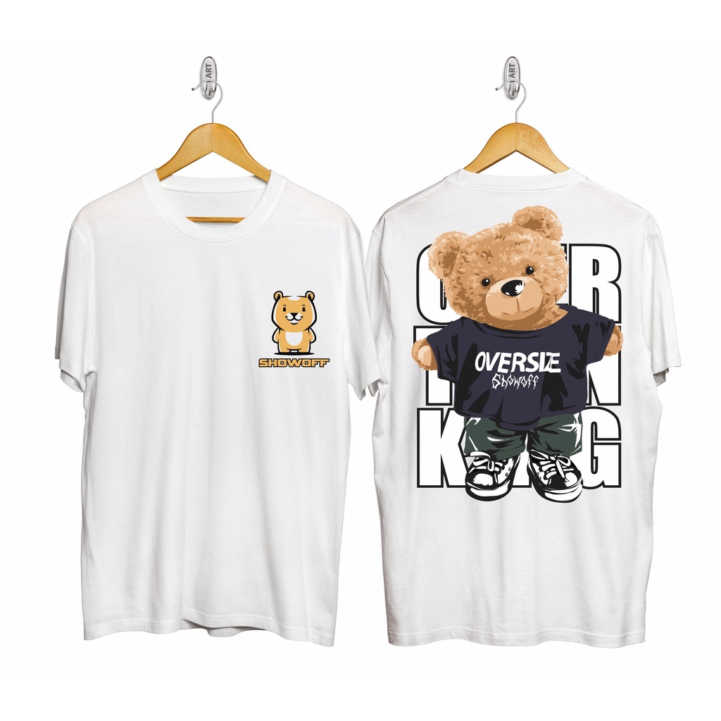 KAOS DISTRO PRIA TEDDY BEAR OVERSIZE PUTIH / AKOS GAMBAR BERUANG / KAOS KATUN / BAJU SABLON / PAKAIA