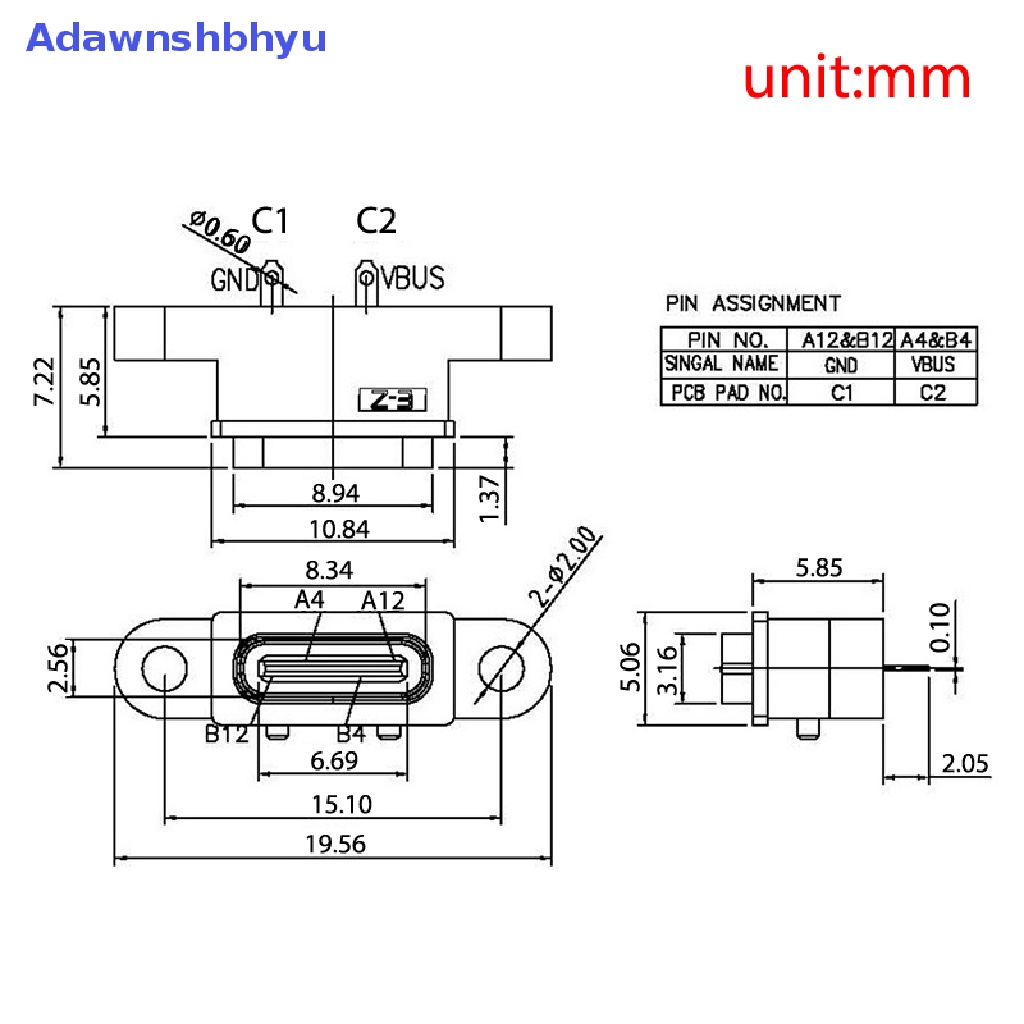 Adhyu 2xTYPE C 2Pin Konektor Antarmuka Charge Port Soket C USB Perempuan Tahan Air ID Baru