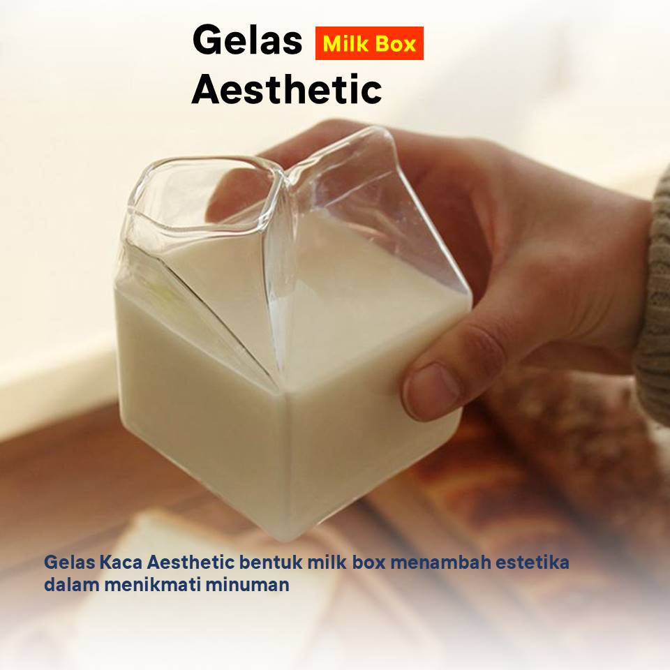 Jual Gelas Kaca Aesthetic Bentuk Milk Box Kotak Susu Good Morning Untuk Kopi Teh Es Borosilicate 4536