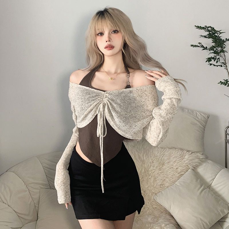 ✹Suhao Whatiwear Hot Girl Suasana Irregular Apron Menggantung Leher Suspender Wanita + Lengan Panjang T-shirt Dua Pakaian Kasual