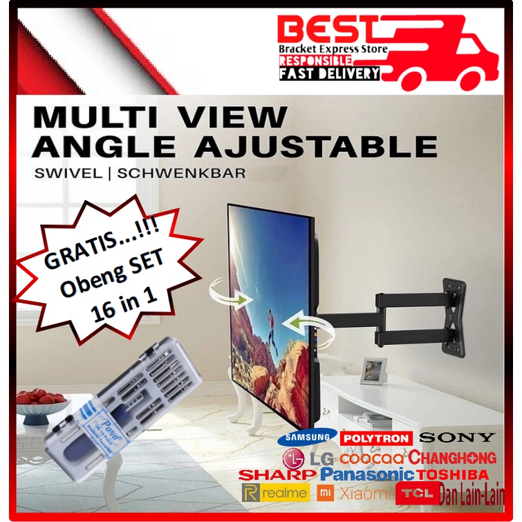 Bracket TV LED Swivel 14&quot; s/d 47&quot; model lengan 6 arah pergerakan [GRATIS OBENG set 16 in 1]