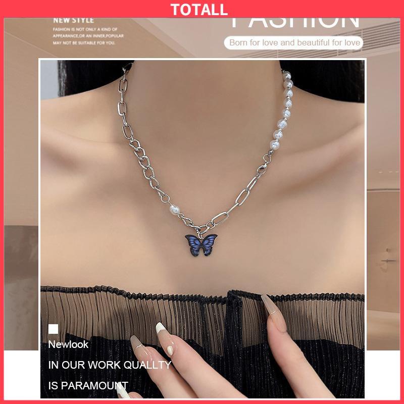 COD Kalung Rantai Kupu-Kupu Mutiara Desain Choker Fashion Korea Gaya Untuk Wanita-Totall