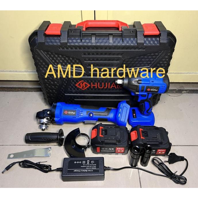 PAKET CORDLESS GERINDA MESIN IMPACT WRENCH SOCK 88V HUJIA PRO2521+2221 amd-hhhhh dijamin
