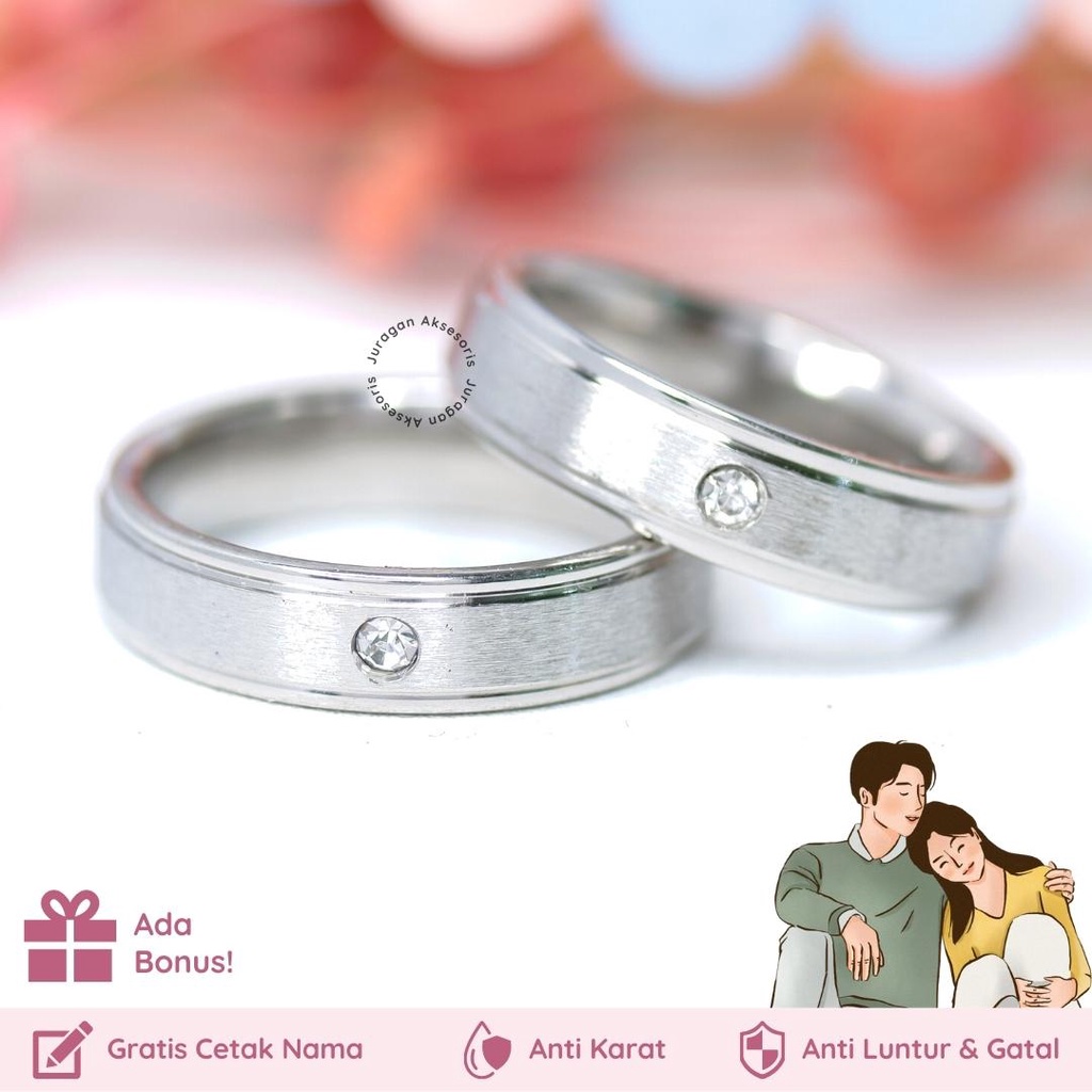 [Gratis Ukir Nama] Cincin Couple Romantis Ailoviu Titanium Anti Karat M121 Hadiah Tunangan Pasangan Pria Wanita Perak Platinum Paladium Emas Putih Silver Permata Berlian Cubic Zirconia