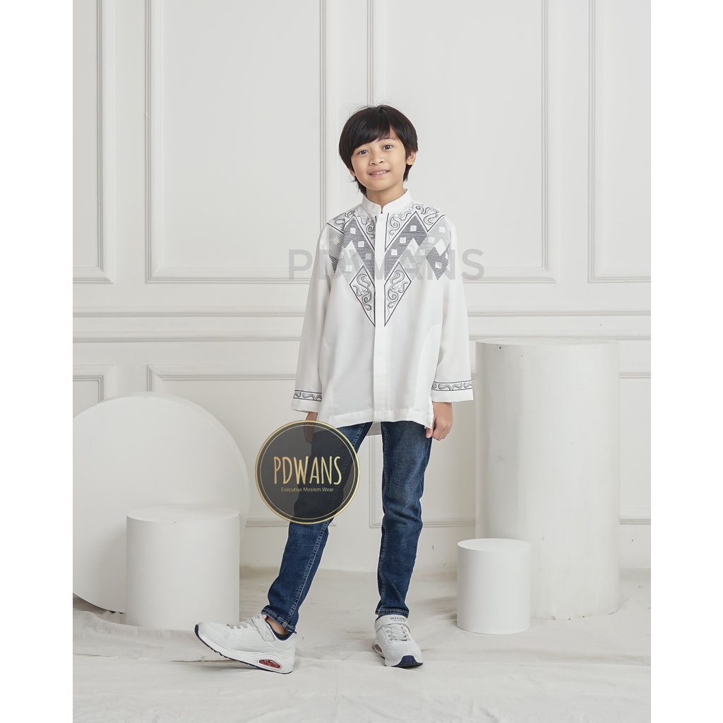 Baju Koko Poli Katun Anak Remaja Tanggung Lengan Panjang Putih Kemeja Koko Muslim Bordir PDWANS - ALSPJG21TGG