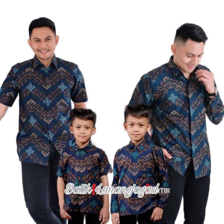 Batik Pria Couple Batik Ayah dan Anak Laki Laki Kemeja Batik Anak Cowok Motif ZigZag Biru Navy