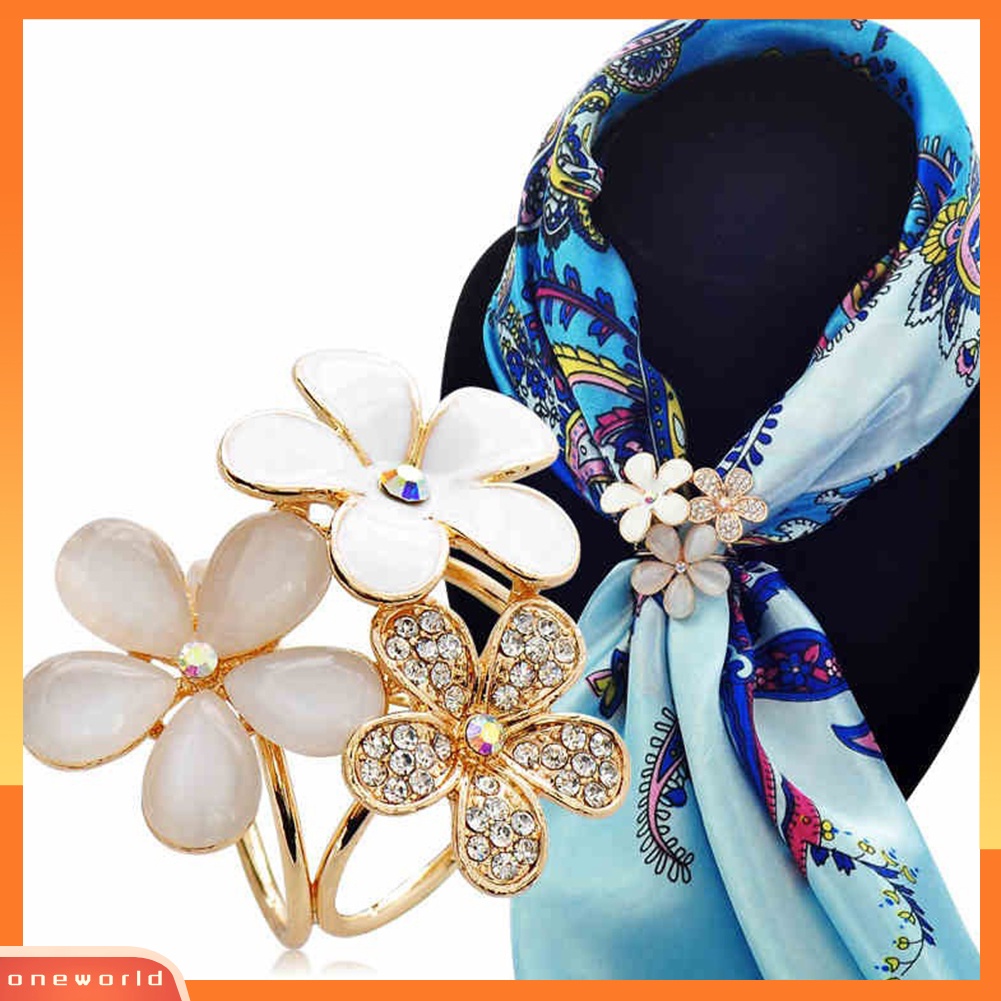 OW@ Women Shiny Rhinestone Inlaid Flower Scarf Ring Clip Holder Brooch Pin Buckle