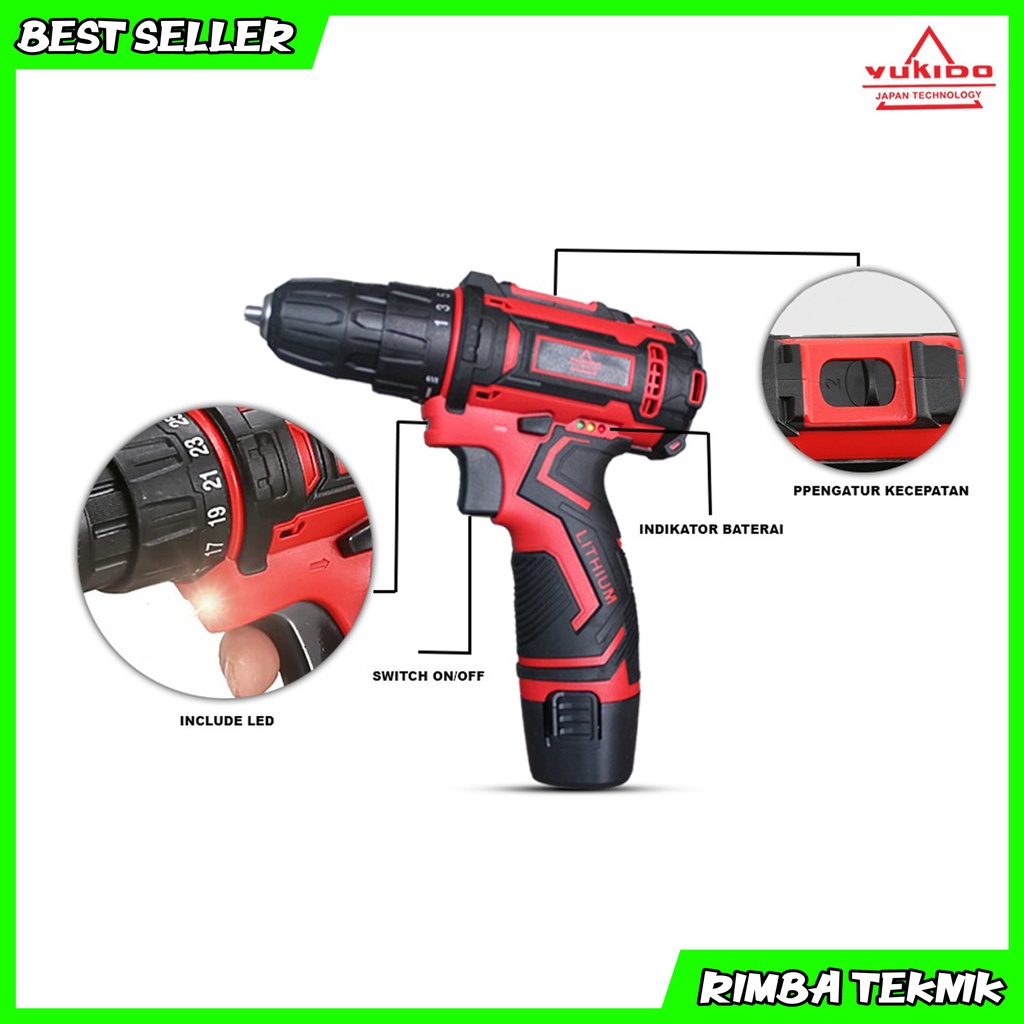 YUKIDO Mesin Bor Baterai Charger Japan Technology 12V Cordless Drill