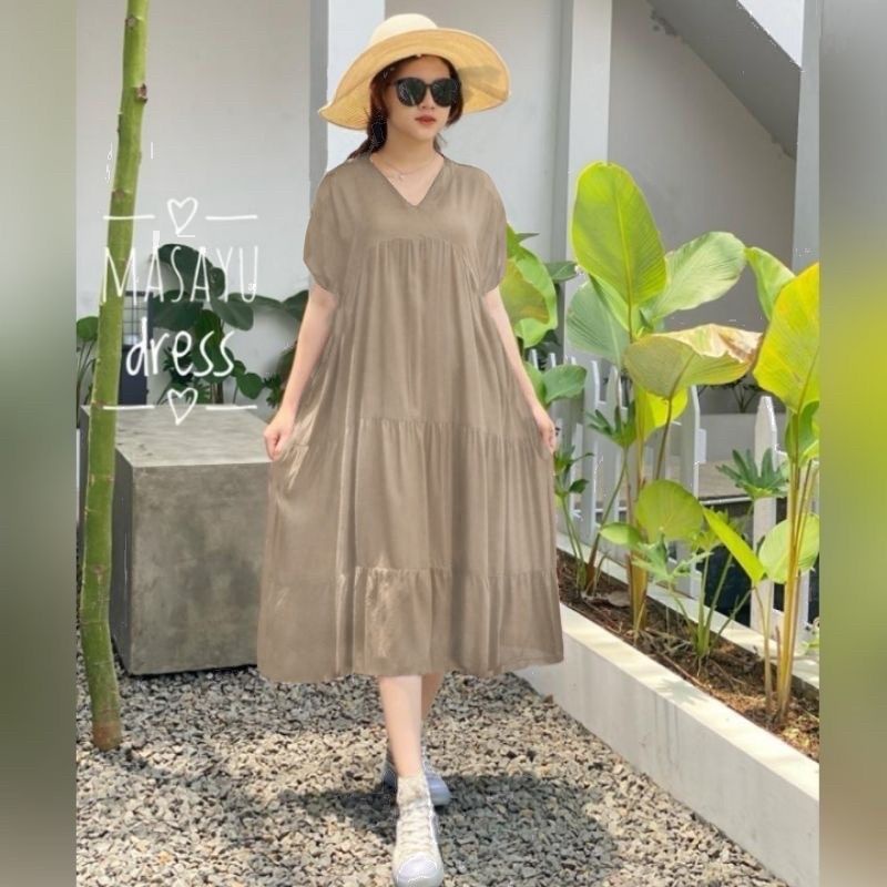 Dress Polos Rayon XXL/Masayu Home Dress Midi Korean Polos Ruffle I Kanzia Homedress LD 120