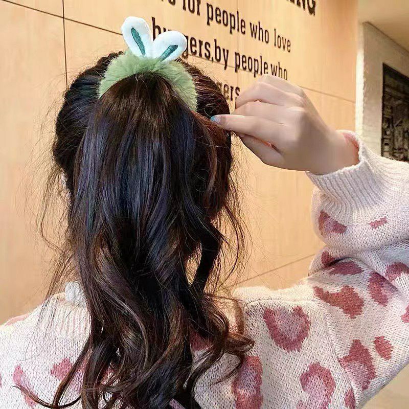 Ikat Rambut Scrunchie Bulu Motif Kelinci Korea Kuncir Rambut