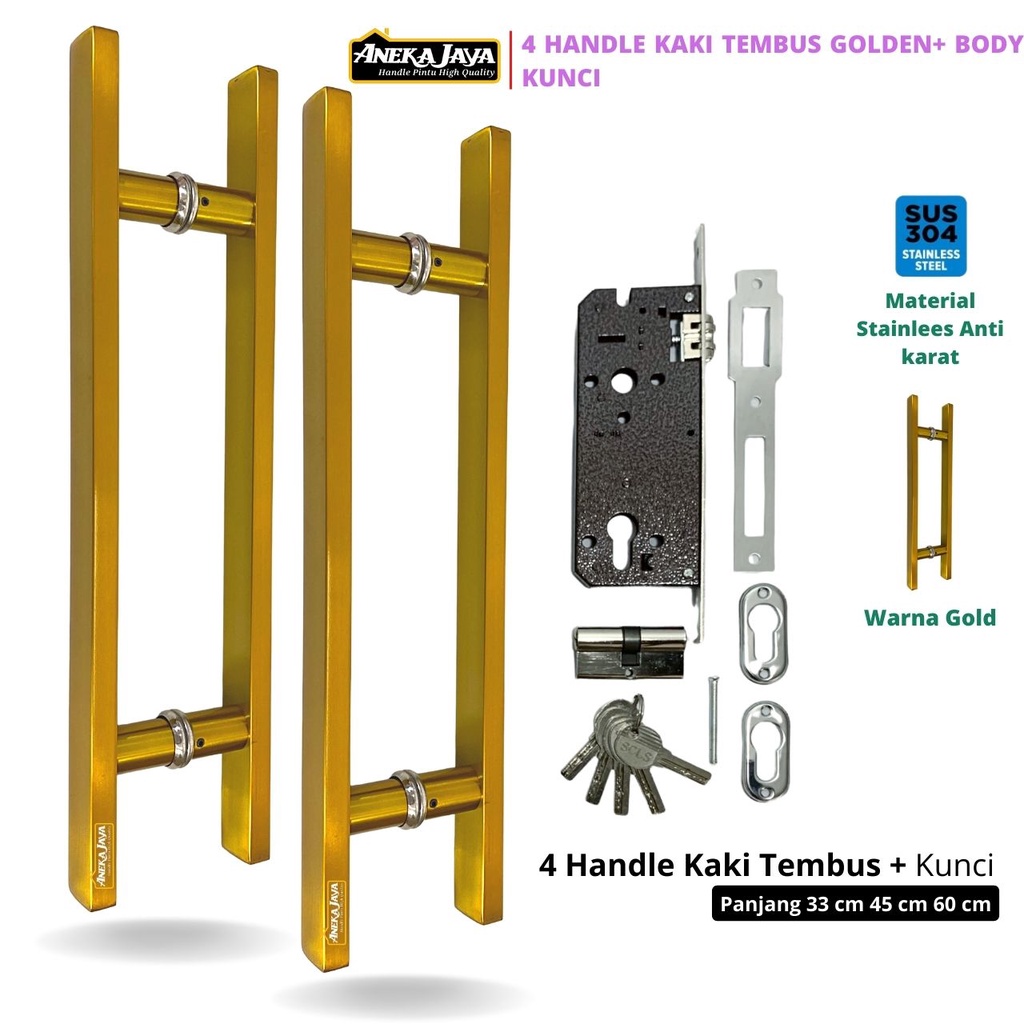 4 Gagang Handle Kaki Tembus Set Kunci 60 cm 45 33 Tarikan Pegangan Pintu Awet Murah - Gold Hitam Dop Rose