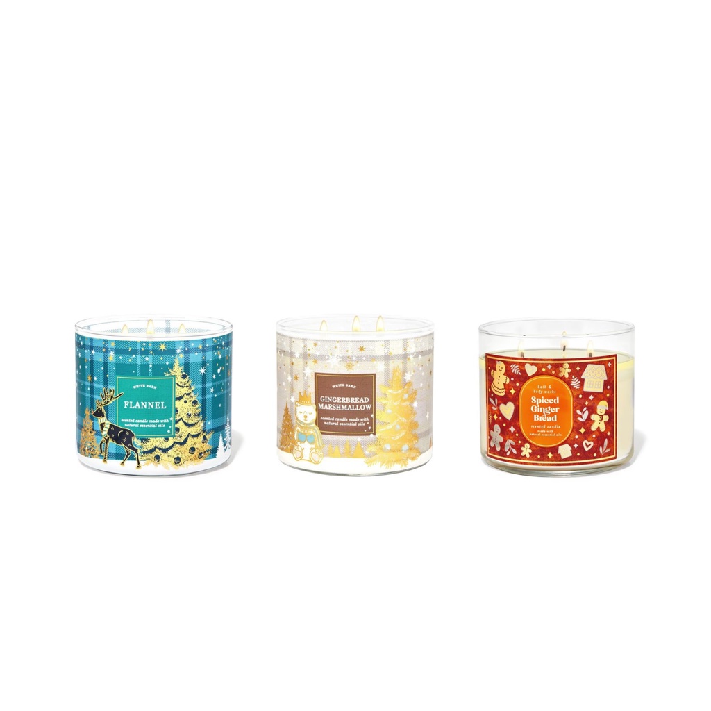 Lilin BBW Bath and Body Works THREE 3 WICK SCENTED CANDLE Lilin Mahogany / A Thousand Wishes / Flanel / Midnight Blue Citrus / Warm Vanilla Sugar / Lilin BBW