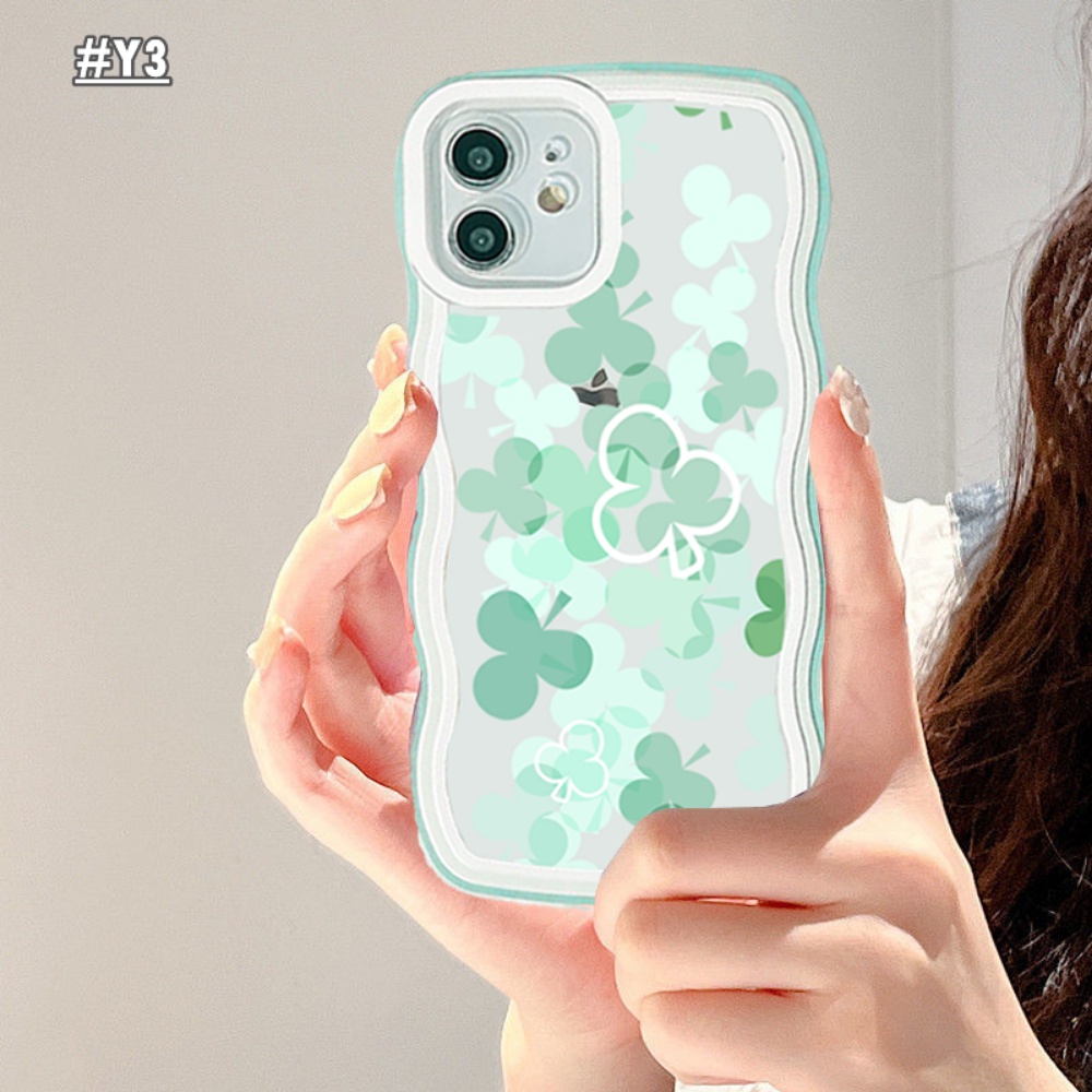 IPHONE Case Fashion Cocok Untuk Iphone11 13 14 13 Pro MAX IPhone7 8plus 6s Plus XR 14plus XS MAX SE Cases Lucky Four Leaf Clover Peach Love Heart Flower Wavy Edge TPU Soft Cover BY