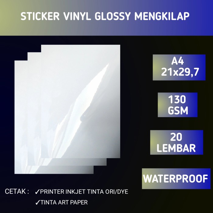 

Stiker Sticker Vinyl Glossy Waterproof A4 Isi 20 Lembar/Stiker Vinyl Pet