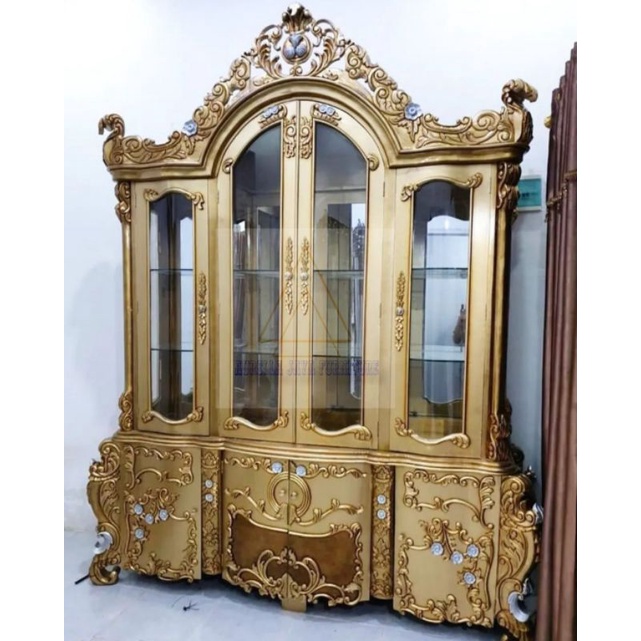 lemari pajangan kaca / lemari hias gold / bufet kaca kayu jati / bufer hias pajangan mewah
