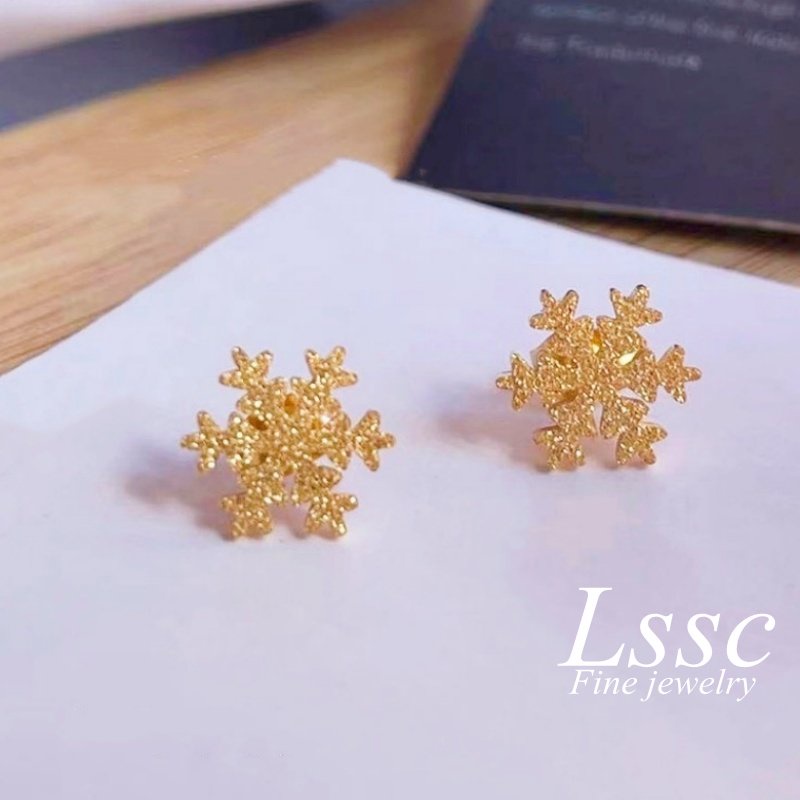 Anting Tusuk Titanium Anti Karat Kepingan Salju Cantik Emas 18K Aksesoris Wanita Fahion Korea