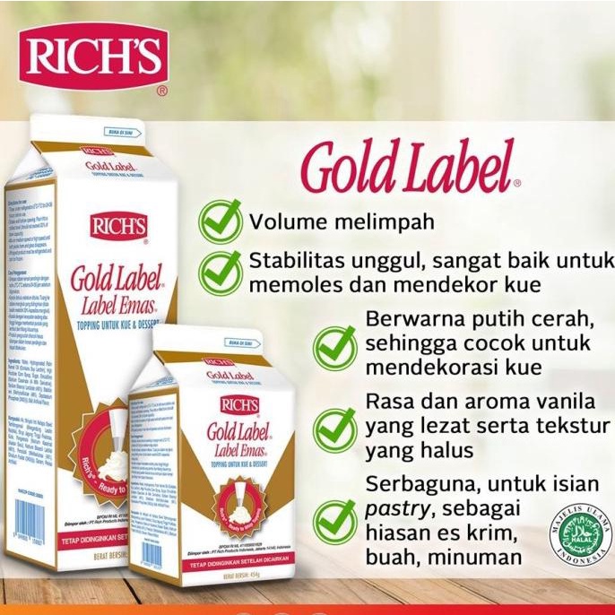 

Whipped Cream Richs / Gold Label Emas Richs 907 Gr / Gold Label Cream TERLARIS TERPERCAYA ORIGINAL