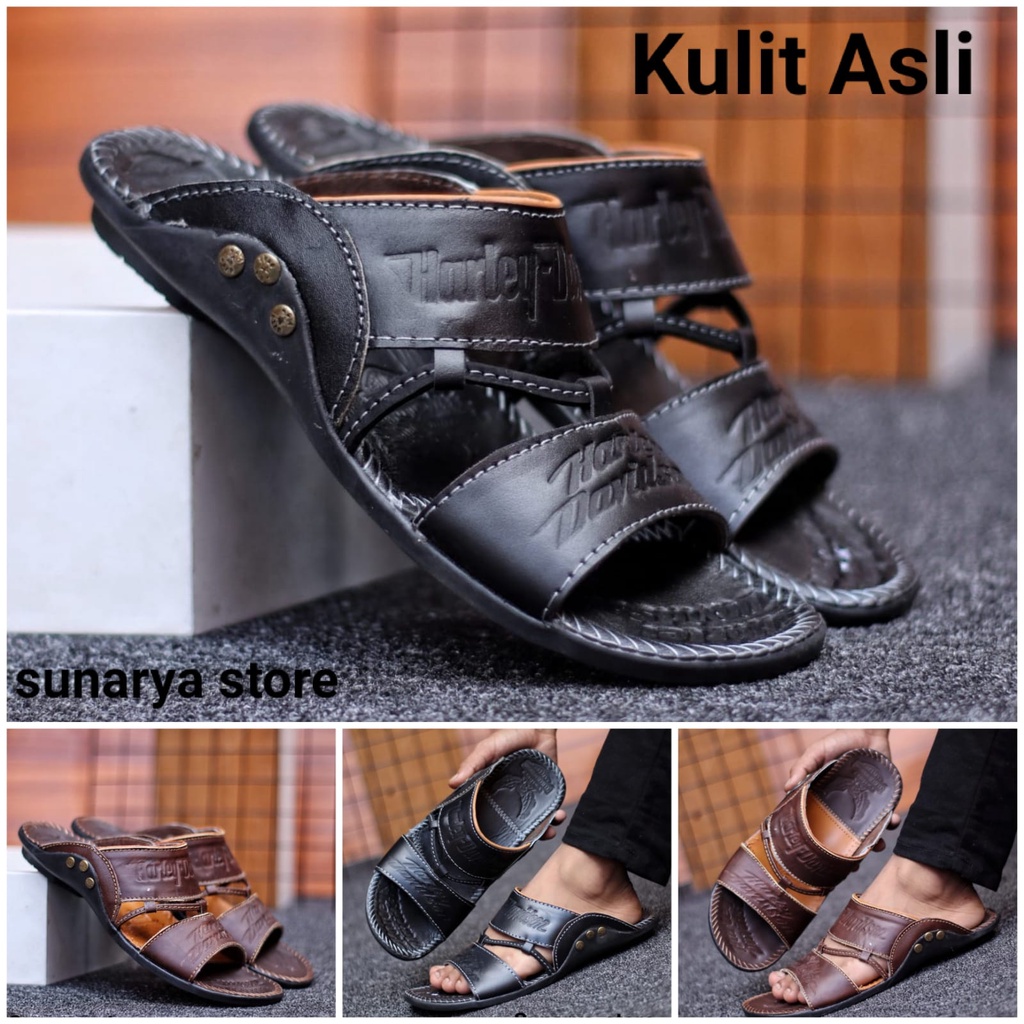 SANDAL KULIT PRIA HARLEY BLACK BROWN TAN KULIT SAPI ASLI ORIGINAL HANDMADE BANDUNG KASUAL SANTAI