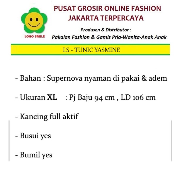 Yasmine Tunik - Logo Smile (LS) - Ukuran L-XXL - Matt Katun Supernova - New Arrival
