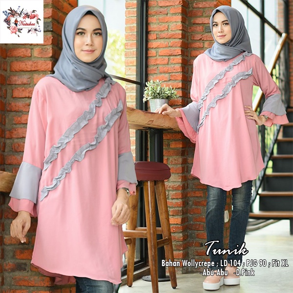 Tunik Wollycrepe Polos / Tunik Wanita Lengan Lonceng Tumpuk / Pakaian Atasan Wanita Lengan Panjang Variasi Rampel Bagian Depan