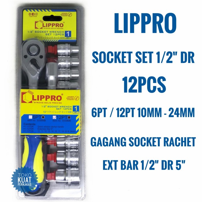 Lippro socket kunci sok set 12pcs 1/2"dr 6PT 12PT 10-24mm + rachet
