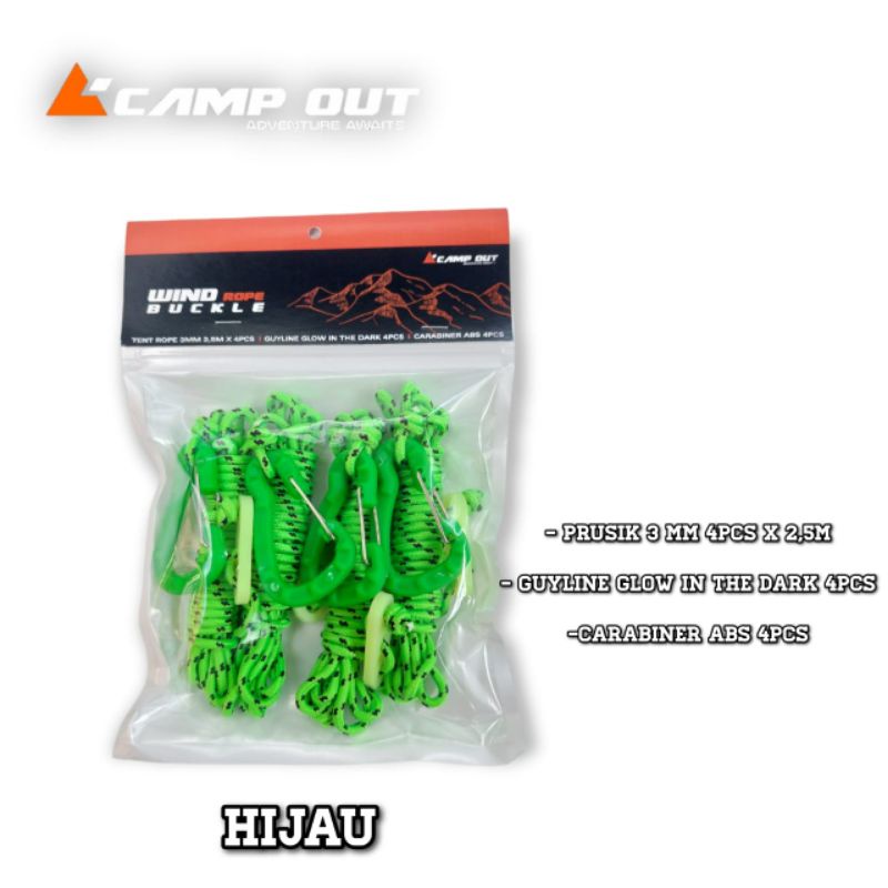 PAKET TALI PERUSIK TENDA FLYSHEET 4 SET CAMP OUT - CARABINER ABS -  GUYLINE GLOW IN THE DARK - PRUSIK 3MM CAMPING