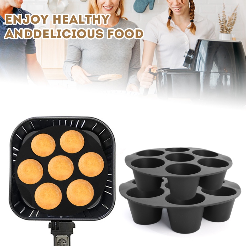 7per8 Inci Food Grade Silikon Anti Lengket Reusable Untuk Pastry Microwave Oven Baking Tray Pot Muffin Kue Cup Mold Baking 7lubang Bulat Air Fryer Dapur Microwave Oven Alat Masak