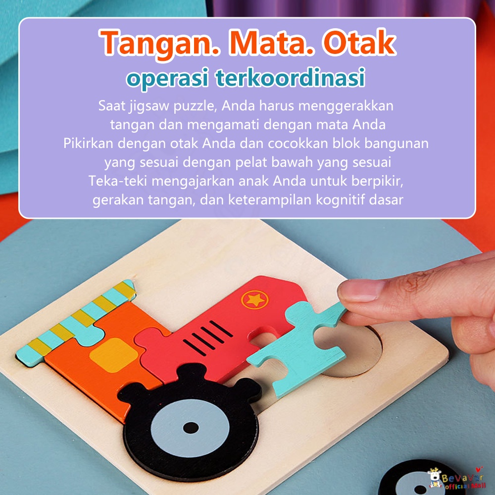 BEVAVAR Mainan 3D Jigsaw Puzzle Kayu Gambar Hewan Dan Kendaraan Lucu